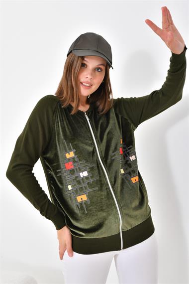 FTZ Women Kadın Kadife Detaylı Fermuarlı Hırka  Haki 20485