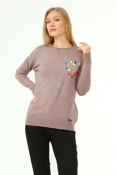 FTZ Women Kadın Kalp Detay Kazak  Beige 21-1324