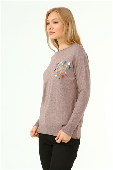 FTZ Women Kadın Kalp Detay Kazak  Beige 21-1324