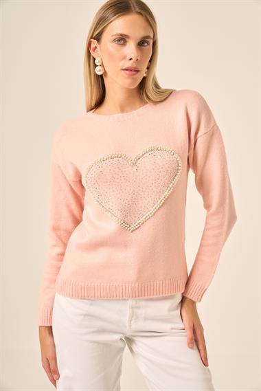 FTZ Women Kadın Kalp Detay Şardon Kazak  Pudra 25214