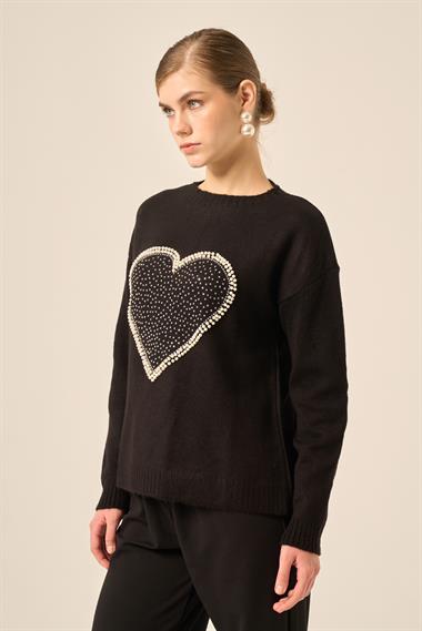 FTZ Women Kadın Kalp Detay Şardon Kazak  Siyah 25214
