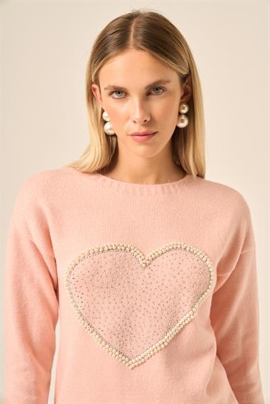 FTZ Women Kadın Kalp Detay Şardon Kazak  Pudra 25214