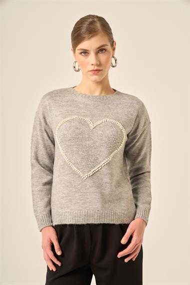 FTZ Women Kadın Kalp Detay Şardon Kazak  Gri 25214