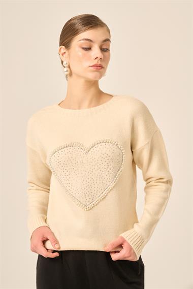 FTZ Women Kadın Kalp Detay Şardon Kazak  Taş 25214