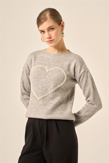 FTZ Women Kadın Kalp Detay Şardon Kazak  Gri 25214