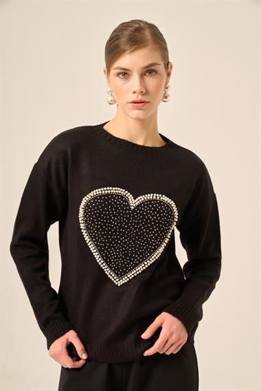 FTZ Women Kadın Kalp Detay Şardon Kazak  Siyah 25214