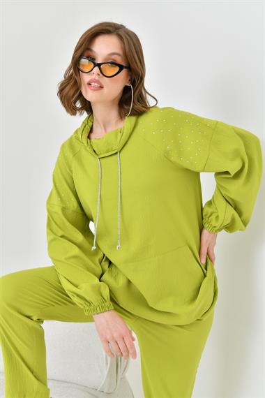 FTZ Women Kadın Kapişonlu Taş Detay Takım  Olive 30825