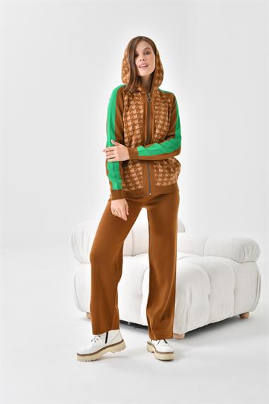 FTZ Women Kadın Kapşonlu Kazayağı Desenli İkili Takım  Taba Bisküvi 20536