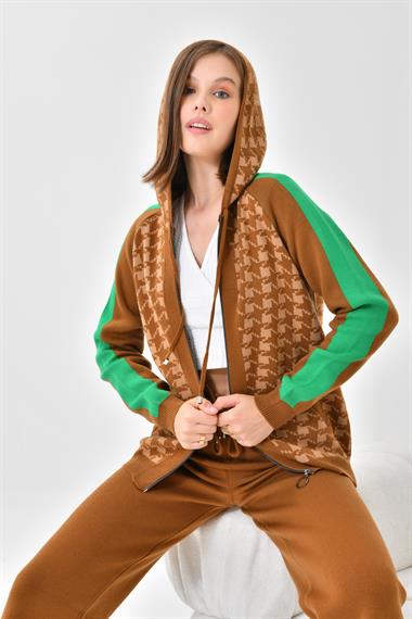 FTZ Women Kadın Kapşonlu Kazayağı Desenli İkili Takım  Taba Bisküvi 20536