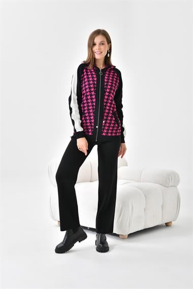 FTZ Women Kadın Kapşonlu Kazayağı Desenli İkili Takım  Siyah Ekru 20536