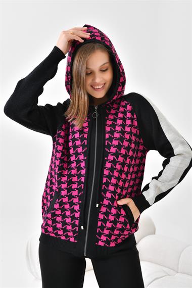 FTZ Women Kadın Kapşonlu Kazayağı Desenli İkili Takım  Siyah Ekru 20536