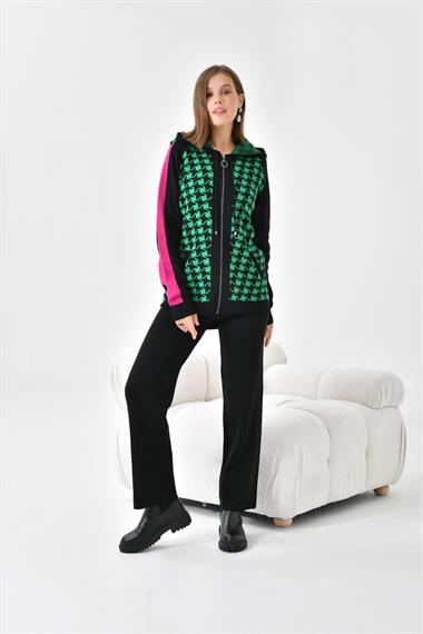 FTZ Women Kadın Kapşonlu Kazayağı Desenli İkili Takım  Siyah Benetton 20536