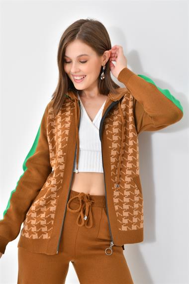 FTZ Women Kadın Kapşonlu Kazayağı Desenli İkili Takım  Taba Bisküvi 20536