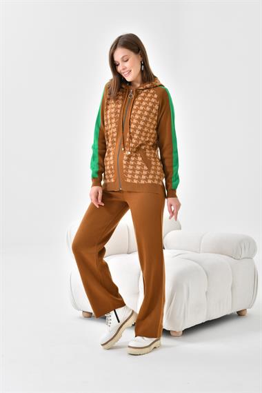 FTZ Women Kadın Kapşonlu Kazayağı Desenli İkili Takım  Taba Bisküvi 20536