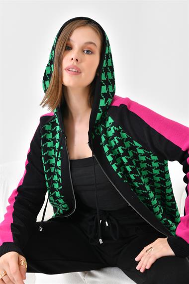 FTZ Women Kadın Kapşonlu Kazayağı Desenli İkili Takım  Siyah Benetton 20536