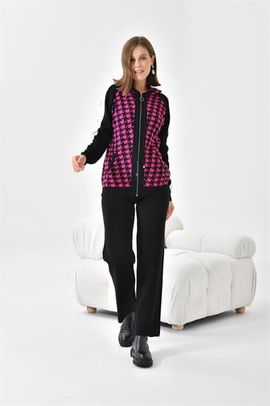 FTZ Women Kadın Kapşonlu Kazayağı Desenli İkili Takım  Siyah Ekru 20536