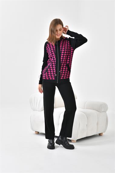 FTZ Women Kadın Kapşonlu Kazayağı Desenli İkili Takım  Siyah Ekru 20536