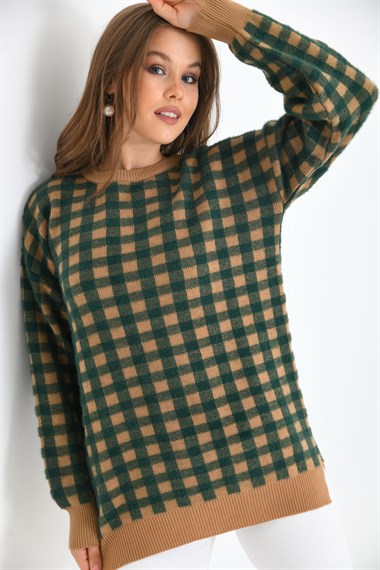 FTZ Women Kadın Kare Desen Bluz  Bisküvi 21-6334