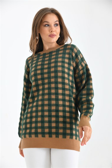 FTZ Women Kadın Kare Desen Bluz  Bisküvi 21-6334