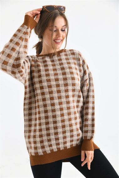 FTZ Women Kadın Kare Desen Bluz  Taba 21-6334