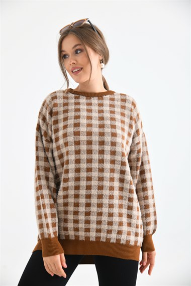 FTZ Women Kadın Kare Desen Bluz  Taba 21-6334