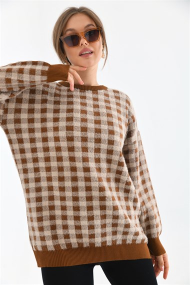 FTZ Women Kadın Kare Desen Bluz  Taba 21-6334