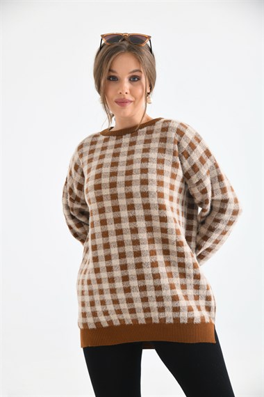 FTZ Women Kadın Kare Desen Bluz  Taba 21-6334