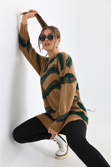 FTZ Women Kadın Karışık Desen Kazak  Bisküvi 21-6245