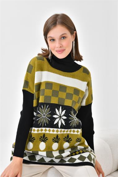 FTZ Women Kadın Karışık Desen Triko Kazak  Siyah 20432