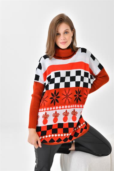 FTZ Women Kadın Karışık Desen Triko Kazak  Kiremit 20432