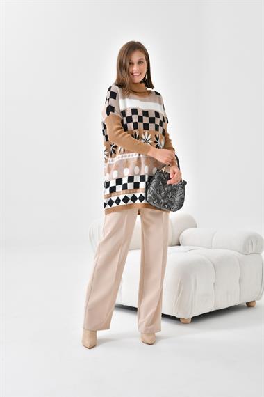FTZ Women Kadın Karışık Desen Triko Kazak  Bisküvi 20432