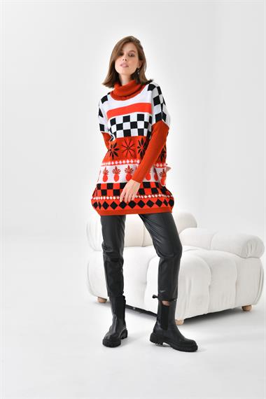 FTZ Women Kadın Karışık Desen Triko Kazak  Kiremit 20432