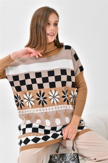 FTZ Women Kadın Karışık Desen Triko Kazak  Bisküvi 20432