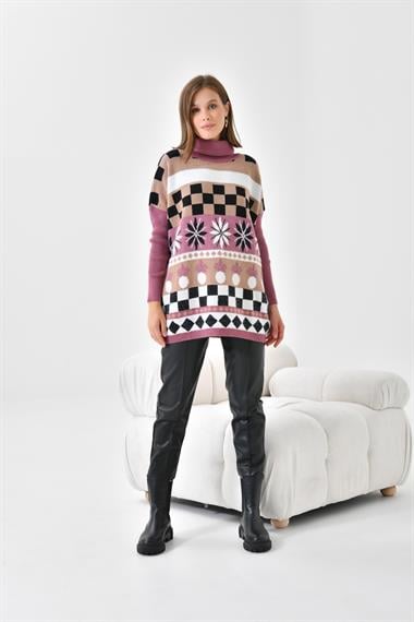 FTZ Women Kadın Karışık Desen Triko Kazak  Gül 20432