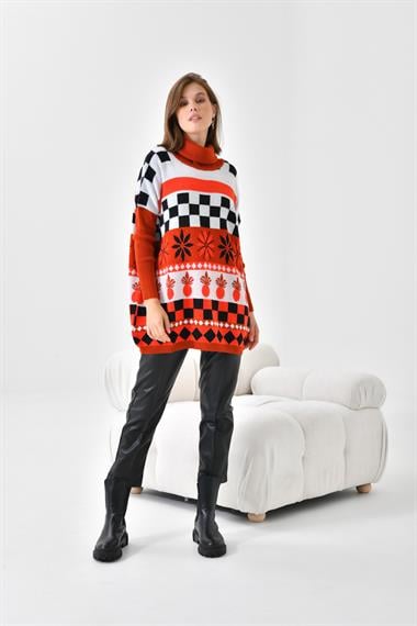 FTZ Women Kadın Karışık Desen Triko Kazak  Kiremit 20432