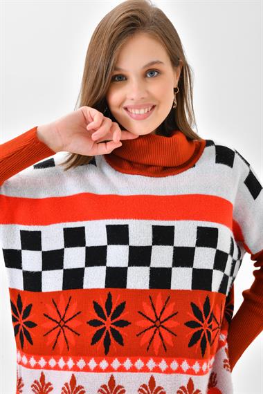 FTZ Women Kadın Karışık Desen Triko Kazak  Kiremit 20432