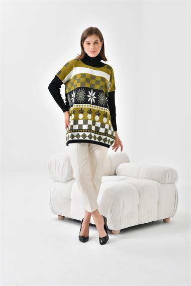 FTZ Women Kadın Karışık Desen Triko Kazak  Siyah 20432