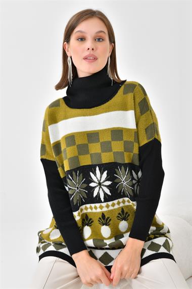 FTZ Women Kadın Karışık Desen Triko Kazak  Siyah 20432