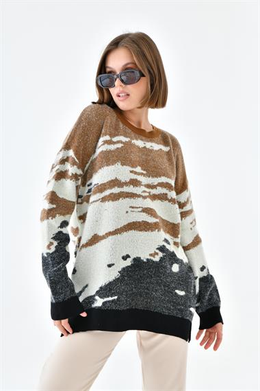 FTZ Women Kadın Karışık Desenli Kazak  Hardal 20433