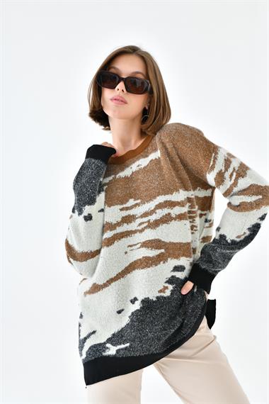 FTZ Women Kadın Karışık Desenli Kazak  Hardal 20433