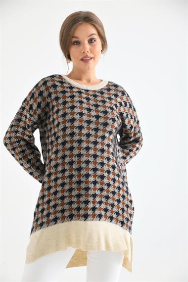 FTZ Women Kadın Kazayağı Desenli Bluz  Taş 20044