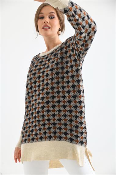 FTZ Women Kadın Kazayağı Desenli Bluz  Taş 20044