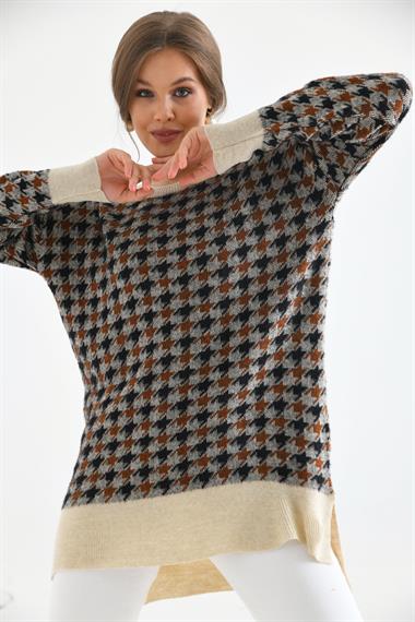 FTZ Women Kadın Kazayağı Desenli Bluz  Taş 20044