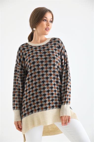 FTZ Women Kadın Kazayağı Desenli Bluz  Taş 20044