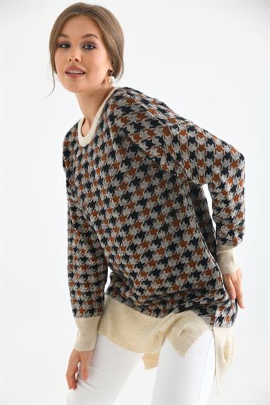 FTZ Women Kadın Kazayağı Desenli Bluz  Taş 20044