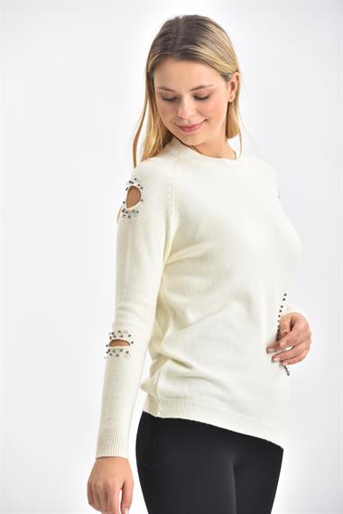 FTZ Women Kadın Kol Detay İnci İşlemeli Kazak  Ekru 21-1008