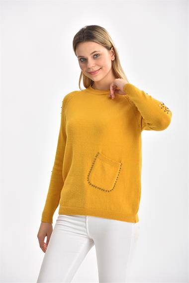 FTZ Women Kadın Kol Detay İnci İşlemeli Kazak  Safran 21-1008