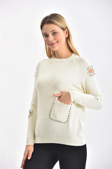FTZ Women Kadın Kol Detay İnci İşlemeli Kazak  Ekru 21-1008