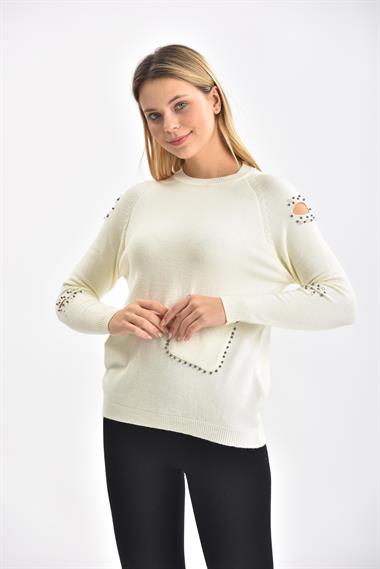 FTZ Women Kadın Kol Detay İnci İşlemeli Kazak  Ekru 21-1008