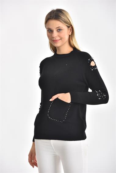 FTZ Women Kadın Kol Detay İnci İşlemeli Kazak  Siyah 21-1008